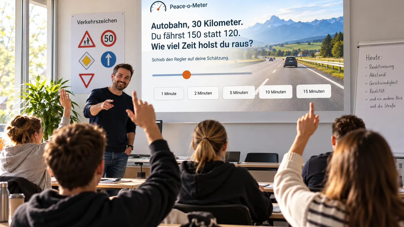 Theorieunterricht in einer Fahrschule: Die Schätzfrage des Peace-o-Meters an der Projektionswand, die Schüler heben die Hand