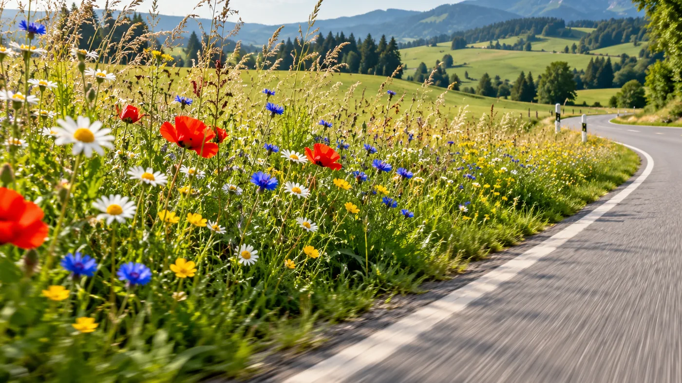 Mohn, Margeriten und Kornblumen am Rand einer Landstraße im Allgäu, der Asphalt im Vordergrund zieht unscharf vorbei